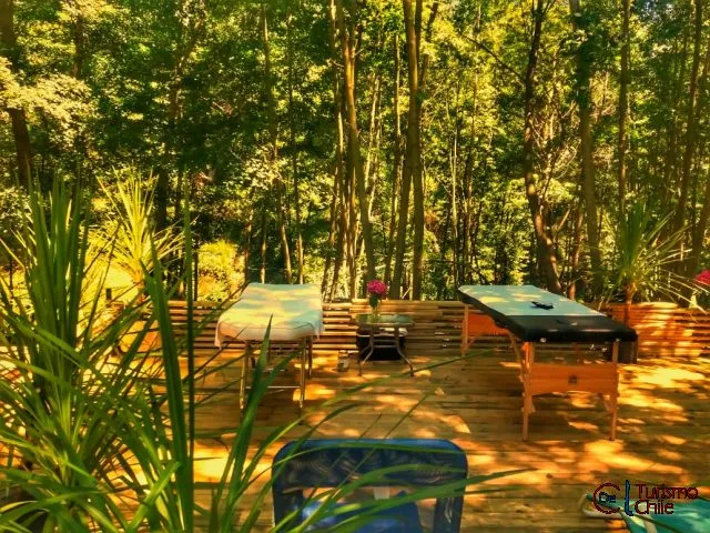 Deck de madera con camillas de masaje rodeado de bosque nativo en Rucalhue