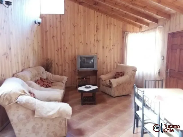 Salón con sofás, televisor y techo de madera con vigas en cabaña Rucalhue